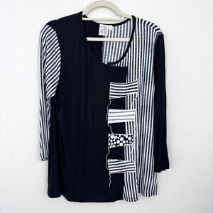 Parsley & Sage Womens Shirt Top Size L Artsy Casual Striped Abstract Black